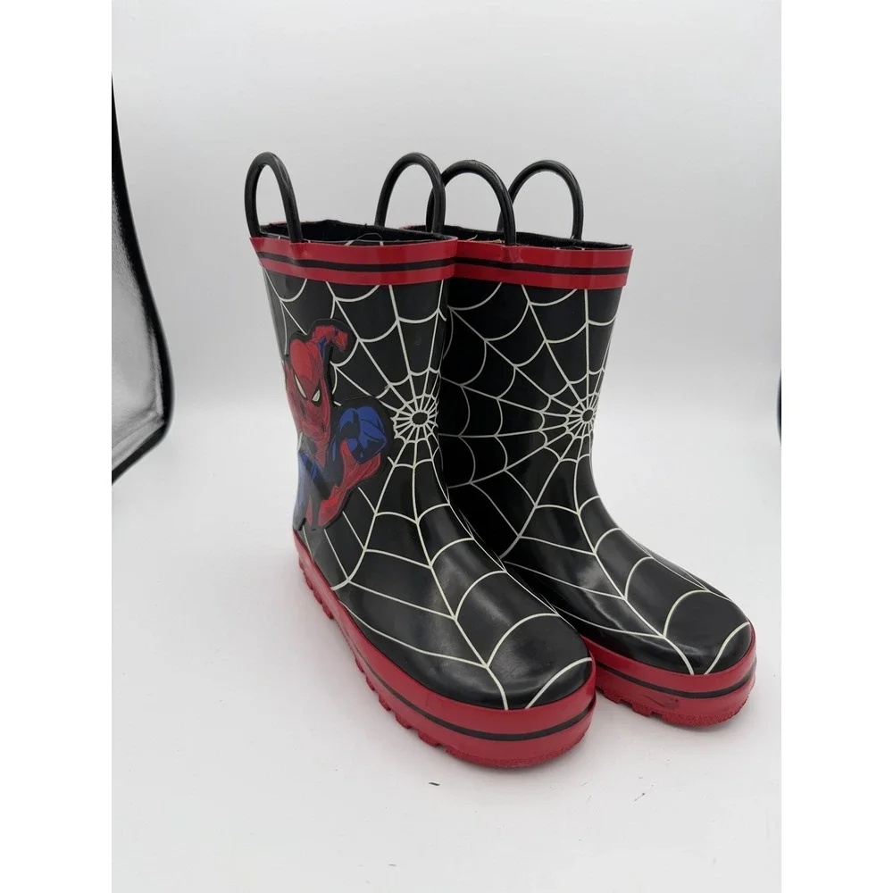 Marvel Spider-Man Kids Rain Boots Size 10 M Black Red Pull Handles.       1789